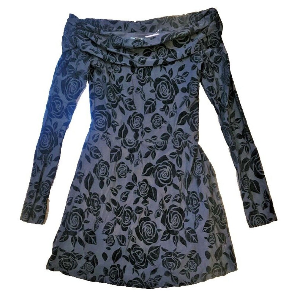 Mini Dress XS Black Velvet Floral Off Shoulder Flocked Burnout Party Whimsigoth